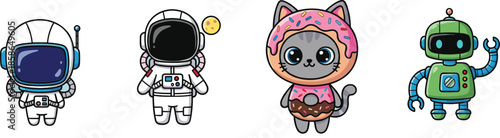 Cute cartoon astronaut cat and robot characters set playful kawaii space technology illustration collection