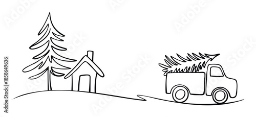 Simple line drawing of a small house next to a pine tree, with a truck carrying a Christmas tree driving by, perfect for holiday greetings and seasonal decorations.