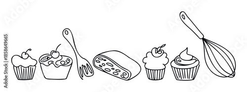 Various handdrawn black and white outlines of sweet cupcakes, a strudel, a fork, and a whisk, perfect for culinary projects, bakery branding, and dessert menu designs