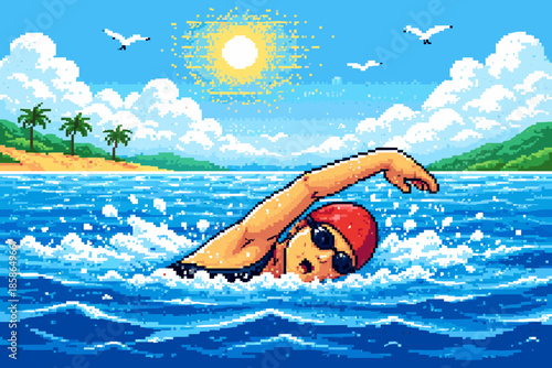 Pixel art swimmer in open sea with sun and seagulls under a bright blue sky