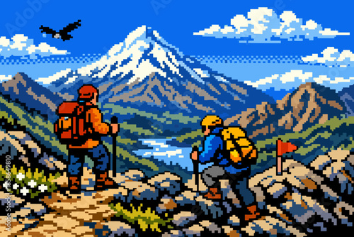 Adventurers hiking in scenic mountain landscape with majestic snowy peaks