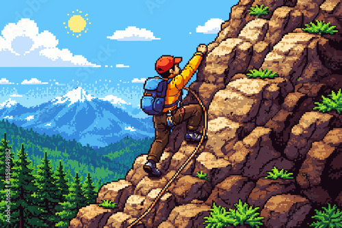 Pixel art mountain climber scaling rocky terrain under bright sunshine with majestic mountain views