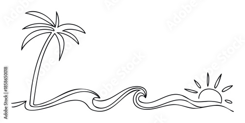 A continuous line drawing depicting a tropical beach scene with a palm tree, ocean waves, and a sun rising over the water, perfect for summer vacation promotions and travel agency branding.