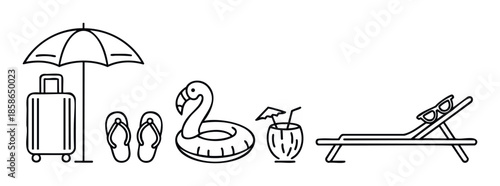 Line drawing collection of essential summer vacation items including beach umbrella, rolling suitcase, flip flops, flamingo pool float, refreshing coconut cocktail, and lounge chair ideal