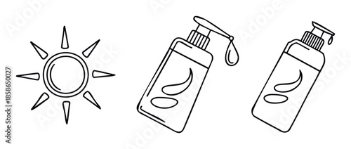 Handdrawn line icons depicting a cheerful sun and two bottles of sunscreen lotion with a dispenser and a falling drop, ideal for skin protection campaigns and summer health promotions.