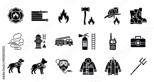 Comprehensive collection of firefighter and emergency rescue service icons for safety applications public awareness campaigns and professional educational materials
