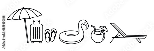Line art depiction of popular summer vacation essentials like a beach umbrella, travel bag, flipflops, swimming ring, refreshing coconut cocktail, and a comfortable sunbed for tourism