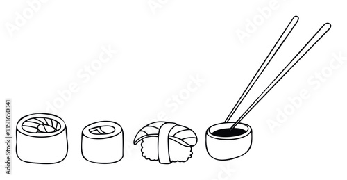Minimalist black outline depiction of a sushi meal featuring various rolls and nigiri, a bowl of dipping sauce, and chopsticks, ideal for Asian cuisine marketing and menu presentation.