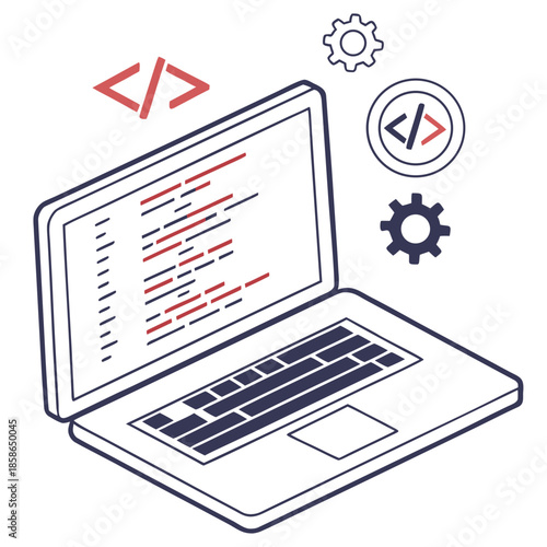 Flat vector illustration of a laptop with coding symbols and programming language characters, representing software development and IT technology.