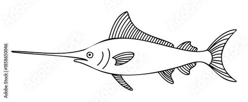 Black outline graphic of a swordfish swimming, perfect for educational resources, childrens books, or fishingrelated branding and aquaticthemed projects