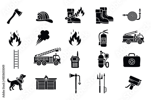 Collection of firefighter rescue service tools and emergency equipment icons for safety applications and preparedness presentations