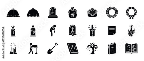 A comprehensive collection of funeral and memorial service icons representing death, mourning, and remembrance for spiritual applications and solemn design concepts