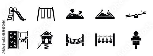 Versatile playground equipment icons for illustrating childrens outdoor activity areas and leisure park amenities, perfect for educational materials or web development projects.