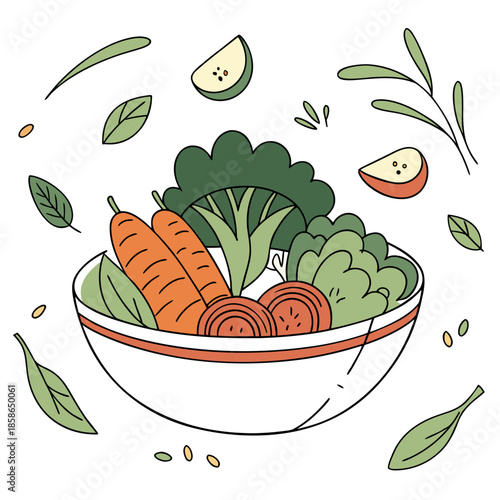 Flat Vector Illustration of a Nutritious Healthy Food Bowl with Fresh Salad and Vegetables