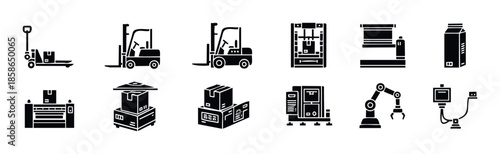 Industrial manufacturing and logistics equipment set featuring machines for production, packaging, and material handling, ideal for business presentations and factory process diagrams