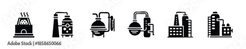Set of modern industrial icons depicting various factory buildings, chemical plants, and manufacturing processes, ideal for business infographics, engineering diagrams, and industrial