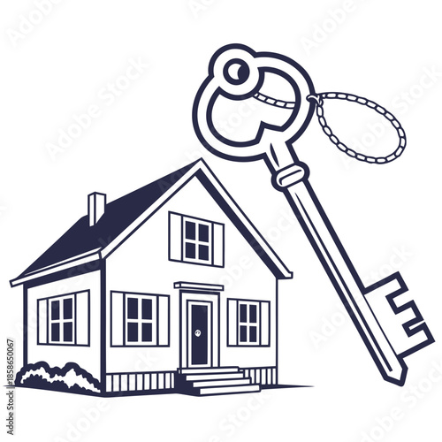 Flat vector illustration of a modern house with a key, concept for real estate services, home insurance, and moving to a new home.