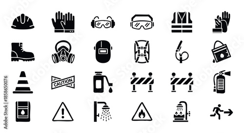 Comprehensive set of essential industrial safety icons including personal protective equipment and hazard warnings for workplace compliance and informational graphics.