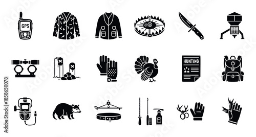 Hunting equipment and accessories set for outdoor adventures and wildlife pursuit, perfect for sports, recreation, and wilderness survival guides.