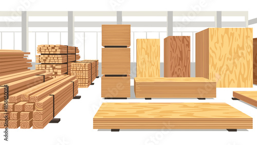 Diverse assortment of various types of wooden boards, planks, and plywood neatly stacked in a spacious warehouse or bustling lumberyard, showcasing a wide range of wood products for construction.