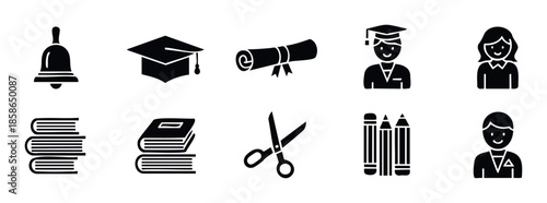 Comprehensive collection of education and schoolrelated glyph icons perfect for academic presentations, learning applications, or educational materials promoting knowledge and growth