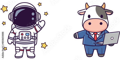 Cute cartoon astronaut waving and business cow character using laptop illustration set on colorful backgrounds