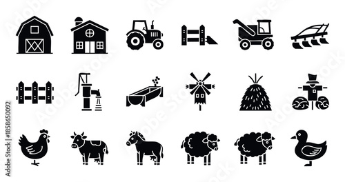 Comprehensive collection of farming and agriculture icons representing rural life and farm activities perfect for educational materials agricultural business presentations or country themed