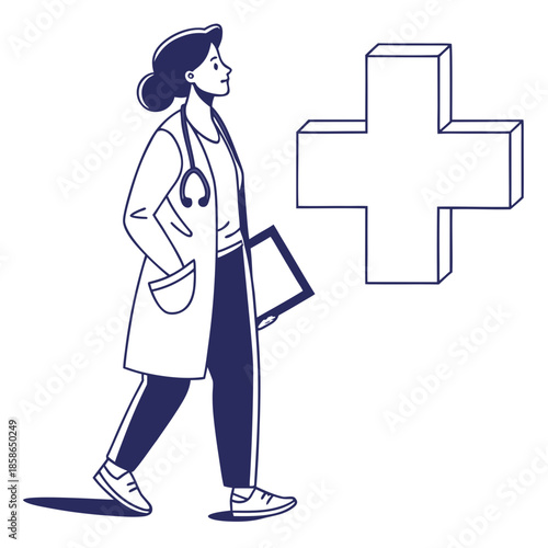 Flat Vector Illustration of Medical Professional or Doctor Symbol with Healthcare Cross Icon