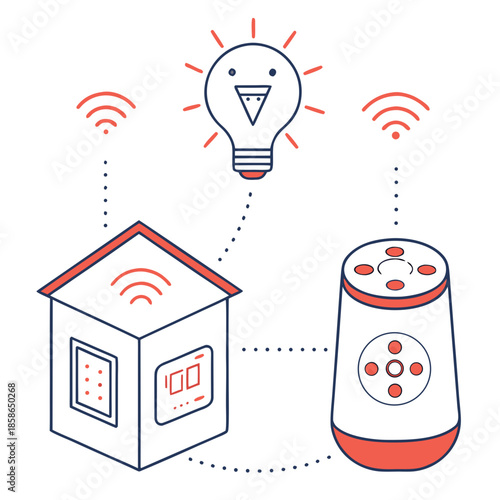 Flat vector illustration of smart home devices and IoT icons, representing home automation, security, and connected living technology.