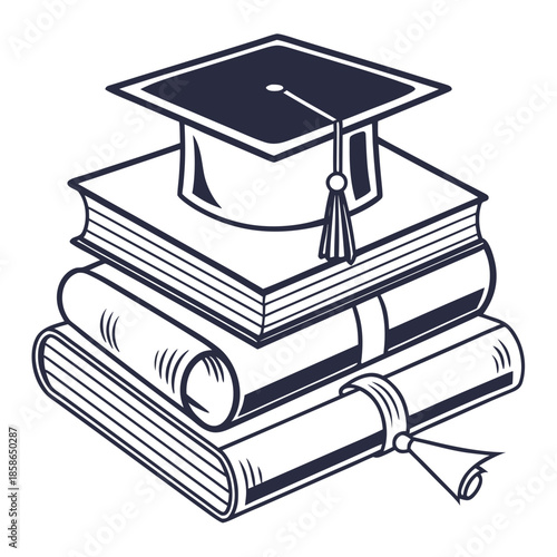 Flat vector illustration of stacked books with a graduation cap on top, representing academic success and higher education completion.