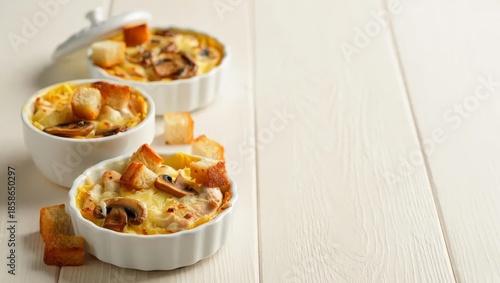 Baked chicken and mushroom julienne with cheese presented as a clean recipe book cover image. Food and publishing category for cookbook design and home cooking content.
