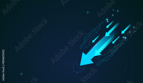 Moving down of Multiple light trails imply parallel revenue streams accelerating together on Dark digital background with sparkling dots on arrows falling trend