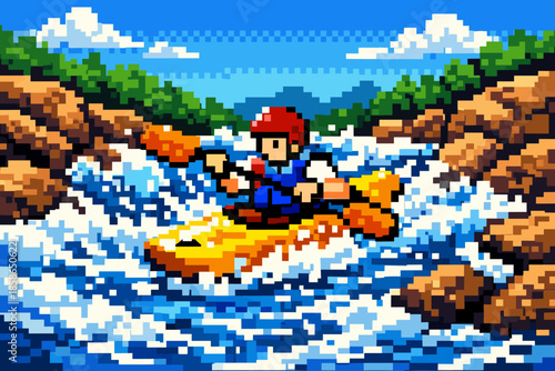 Kayaker navigating rapids in pixel art style with vibrant colors