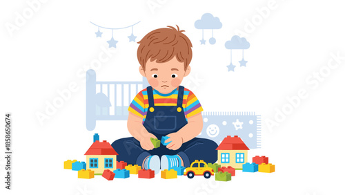 Solitary and slightly sad toddler boy playing alone with various building blocks and toy cars in his bedroom, depicting a scene of quiet, lonely playtime.