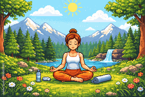 Pixel art meditation in nature: tranquil scene with mountains and waterfall