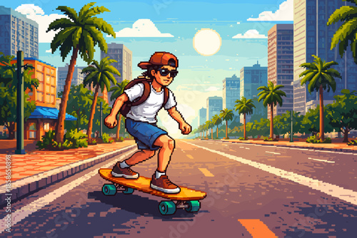 Retro pixel art: skater exploring a sunny urban landscape with palm trees
