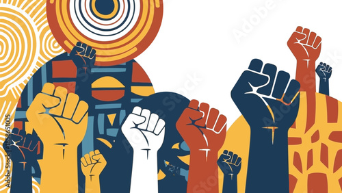 Vibrant graphic illustration powerfully depicts raised fists symbolizing unity resistance and collective strength against a backdrop of abstract cultural patterns