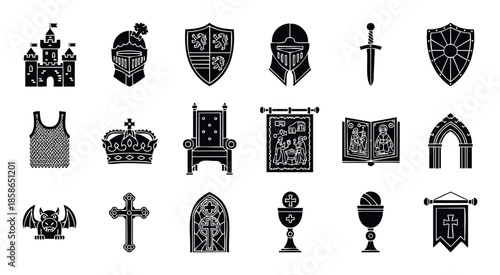 A diverse collection of medieval history and Christian religion icons offering essential graphic elements for historical presentations, fantasy game designs, or educational materials.