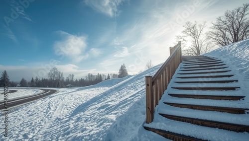 Snow-covered wooden steps s...