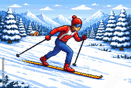 Retro pixel art skier in winter landscape with snowy mountains and pine trees