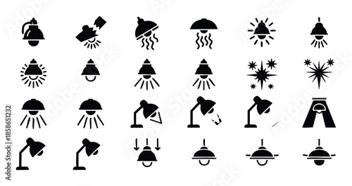 Comprehensive collection of lighting fixture icons including various lamps, light bulbs, and illumination symbols perfect for modern user interface designs, web applications, and