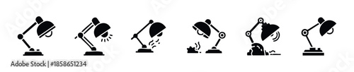 Collection of versatile desk lamp icons representing various states like functional, active, broken, overheating, or spilling, perfect for illustrating office equipment status or warning