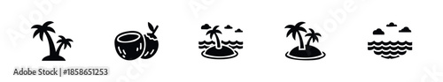 Tropical vacation travel symbols and summer holiday island lifestyle icons perfect for tourism industry marketing materials or digital user interface applications