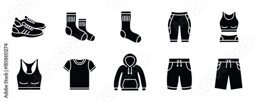 Set of black silhouette icons representing diverse sportswear and athletic clothing items like sneakers, socks, shorts, sports bras, and hoodies, perfect for fitness applications.