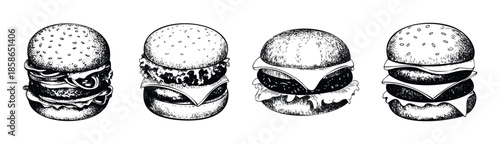 Delicious hand drawn burger illustrations perfect for restaurant menus, food packaging, culinary blogs, or vintage themed kitchen decor