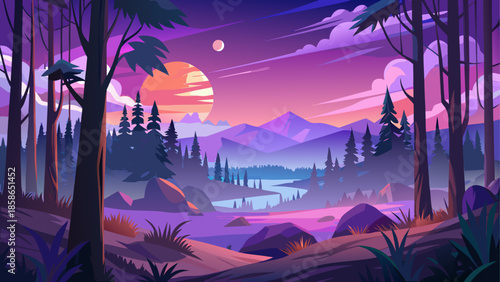 Forest landscape vector at twilight with purple sky and glowing horizon