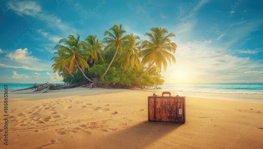 Obraz premium Sandy tropical shoreline with calm blue waters and palm trees in the background, suitable for layout design