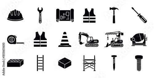 Essential construction and engineering tools and equipment icons for building industry projects, safety regulations, and architectural planning applications