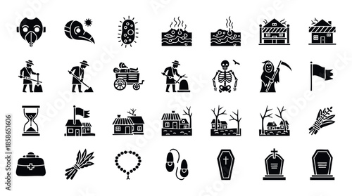 Black Death historical period glyph icons illustrating medieval plague, death, and social life for educational presentations and graphic resources
