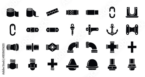 Comprehensive collection of industrial hardware and plumbing connection tools presented as simple solid glyph icons for engineering, construction, and workshop related graphic materials.